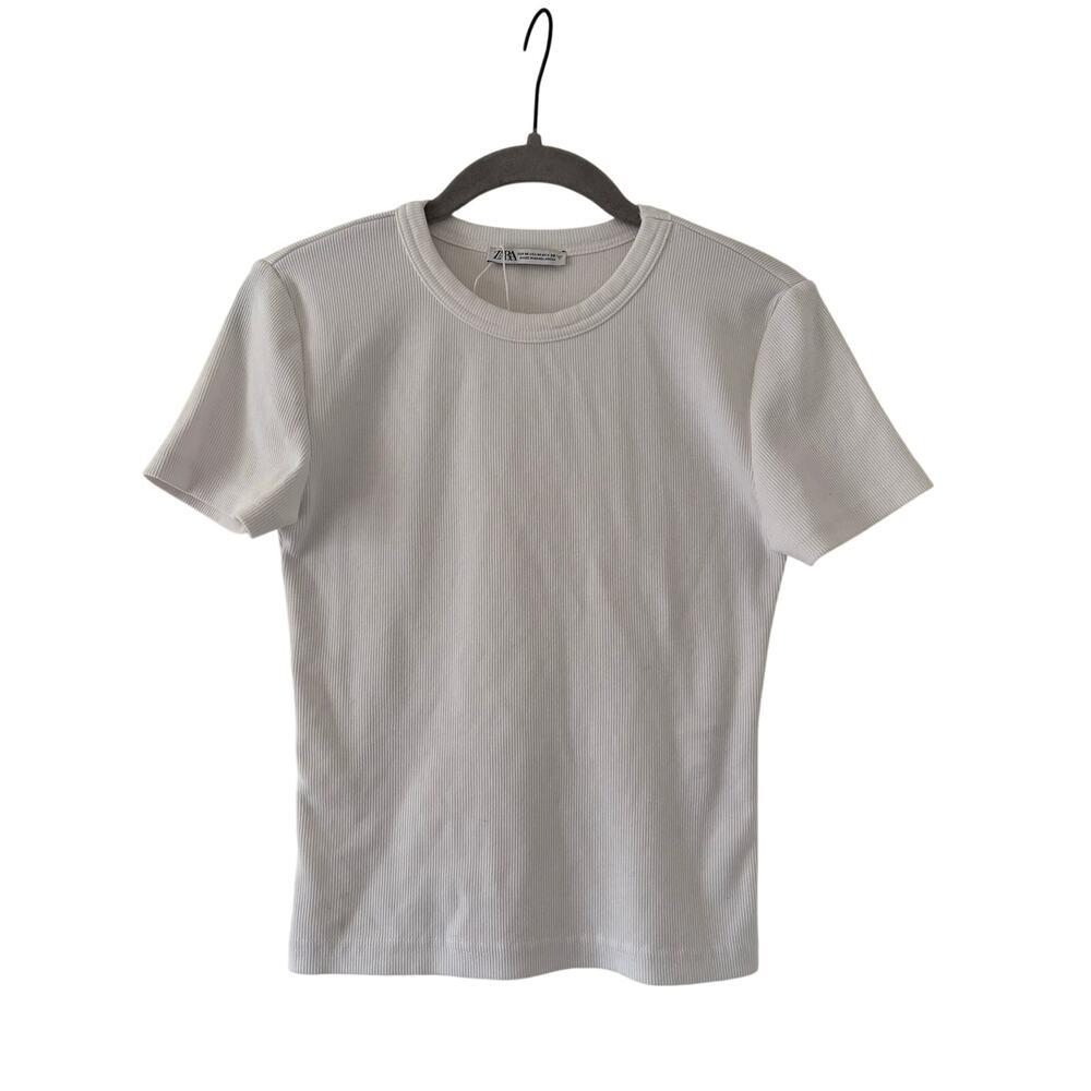 Zara Womens White Ribbed T Shirt Crew Neck Stretch Short Sleeve Size M Basic - Picture 2 of 7